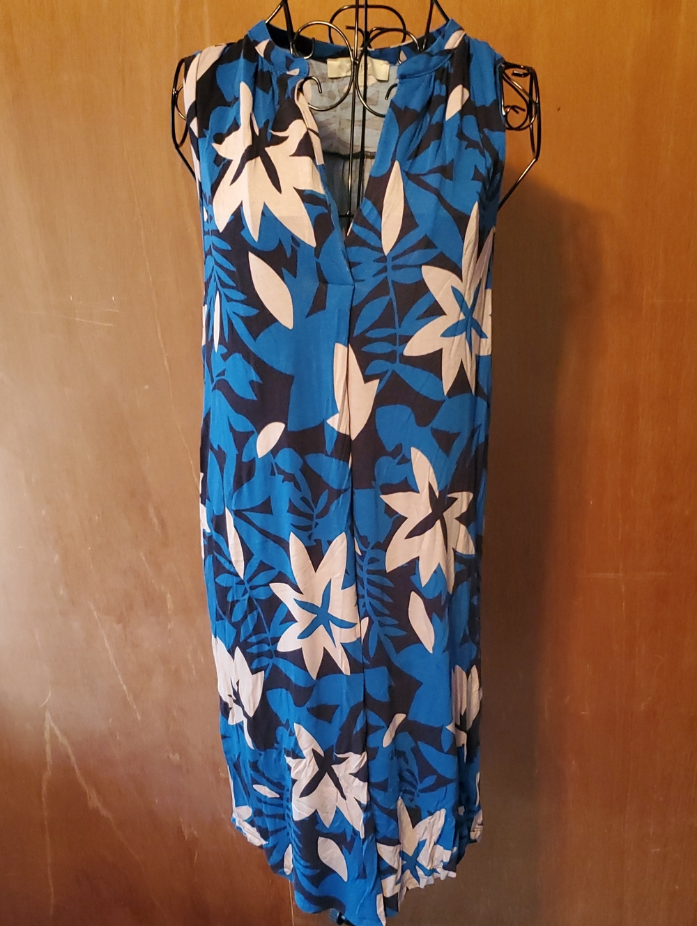 LOFT Blue Floral Midi Dress with White Accents
